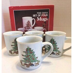 4 TIENSHAN Holiday Hostess  Christmas Tree Mugs Fine China